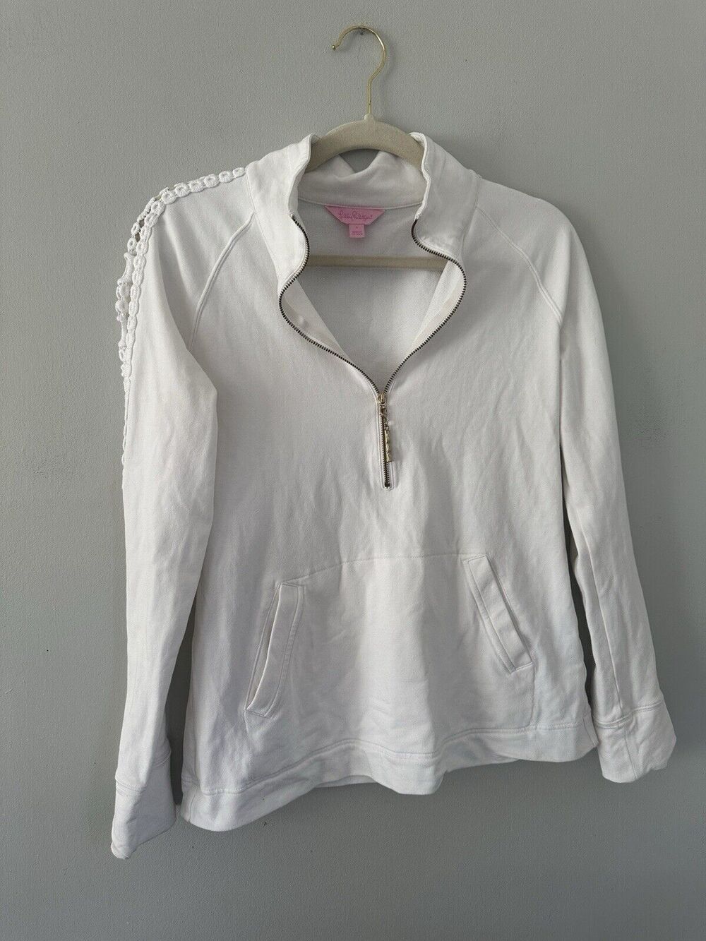 Lilly Pulitzer Skipper Popover Pullover S White Crochet Lace 1/2 Zip Sweatshirt
